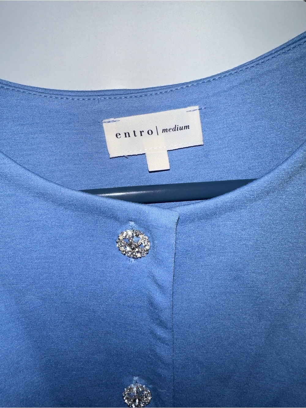 #189 Entro peplum Blue Short-Sleeve blue  Button-Front Top, Rhinestone Buttons - Picture 3 of 5